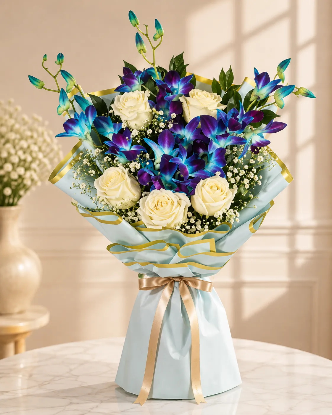 Premium Blue Orchid & White Rose Bouquet