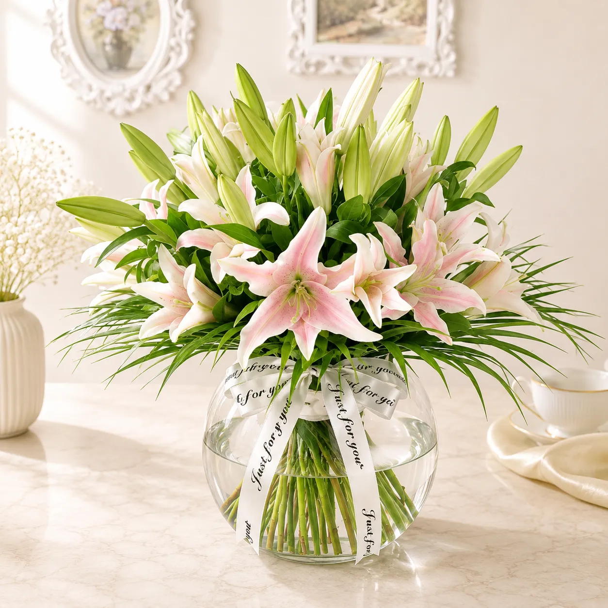 Premium Pink & White Lily Glass Vase Arrangement
