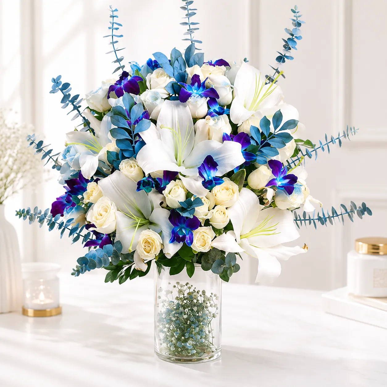 Premium White Lily, Blue Orchid & Rose Vase Arrangement