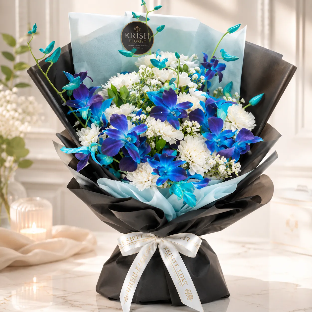 Premium Blue Orchid & White Flower Bouquet