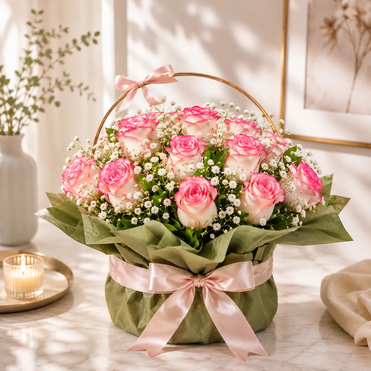 Premium Pink & White Rose Basket Arrangement