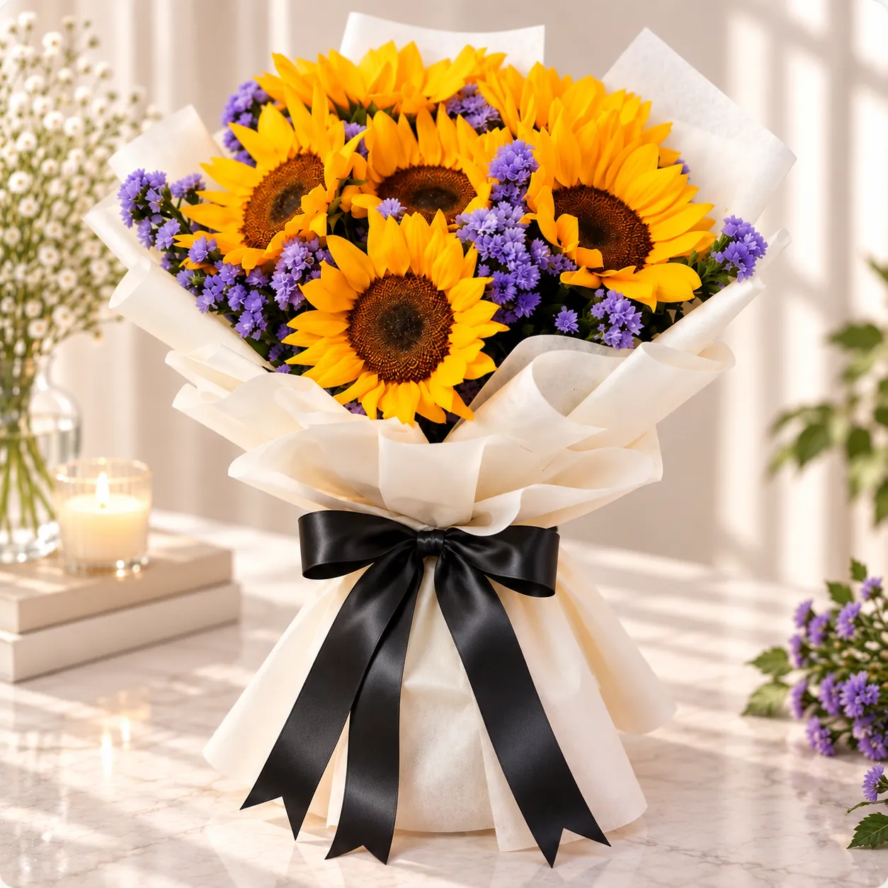 Sunflower & Purple Blossom Sunshine Bouquet