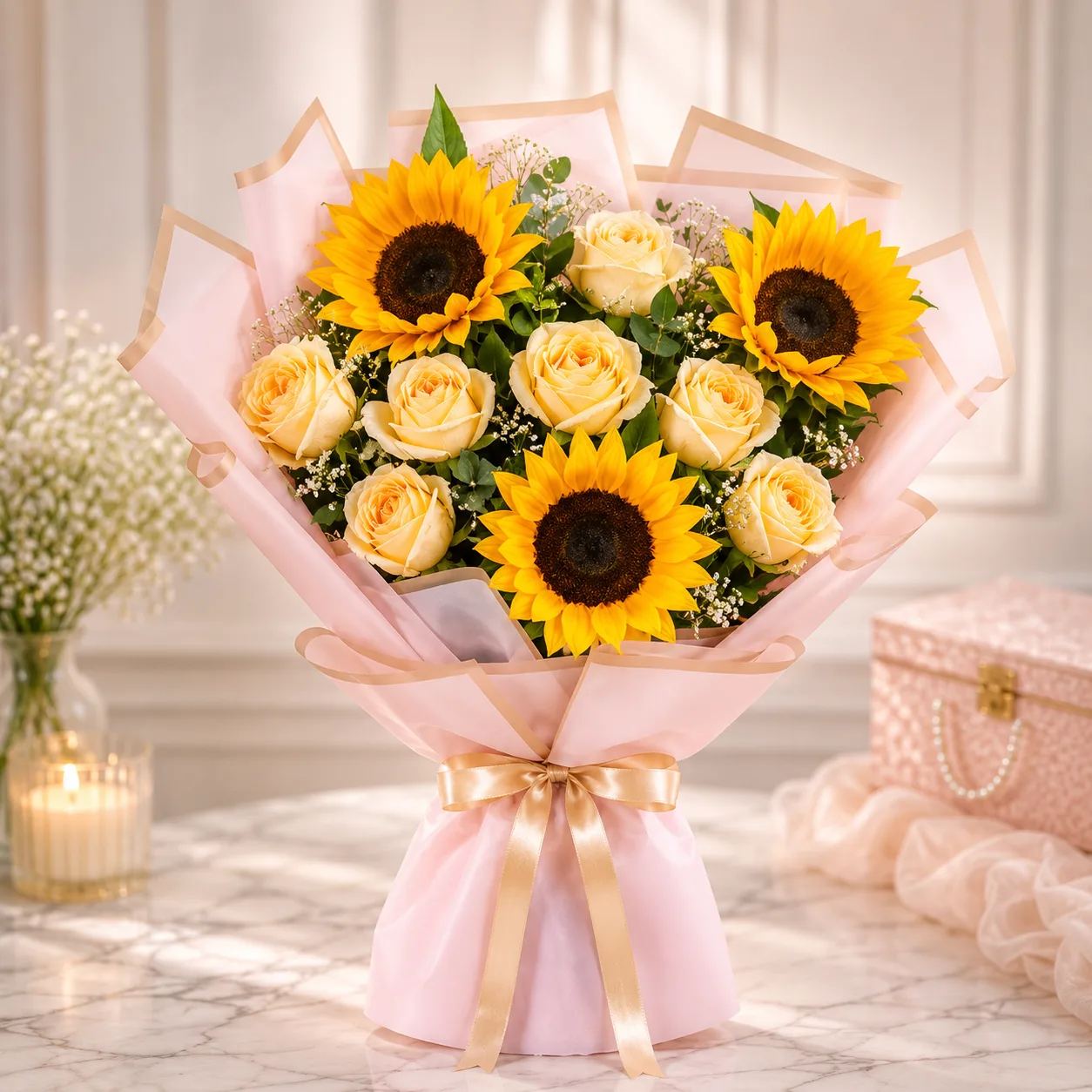 Golden Sunshine Rose & Sunflower Bouquet