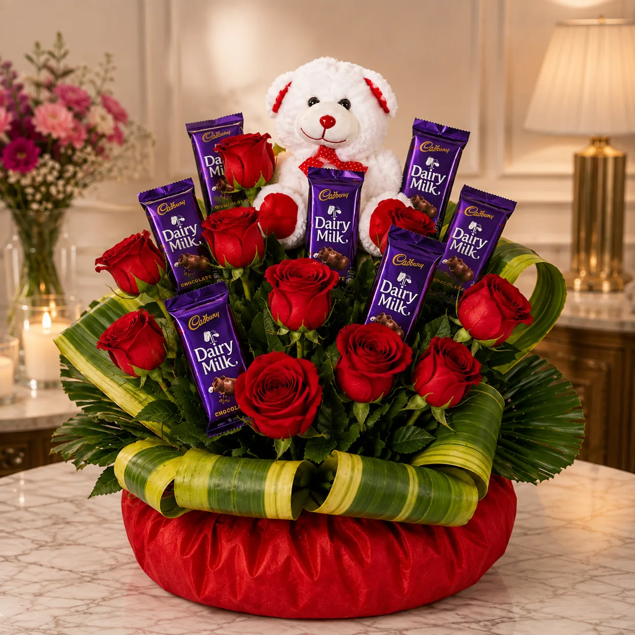 Premium Teddy Bear, Red Roses & Dairy Milk Chocolate Basket