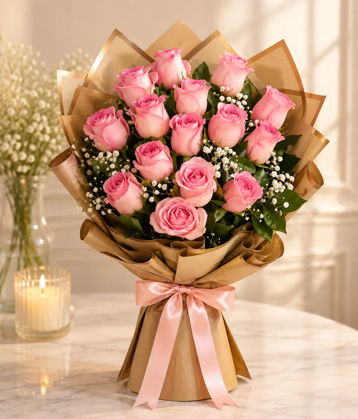 Premium 12 Pink Roses Bouquet with Gypsophila