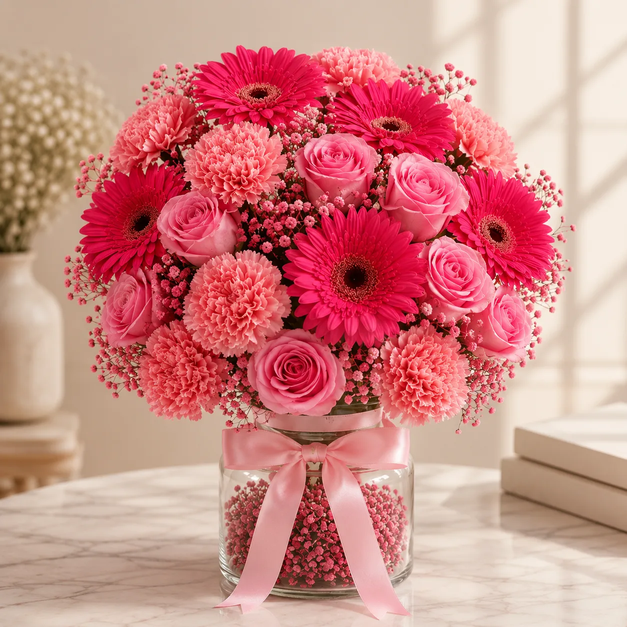 Premium Pink Roses, Gerberas & Carnation Glass Vase Arrangement