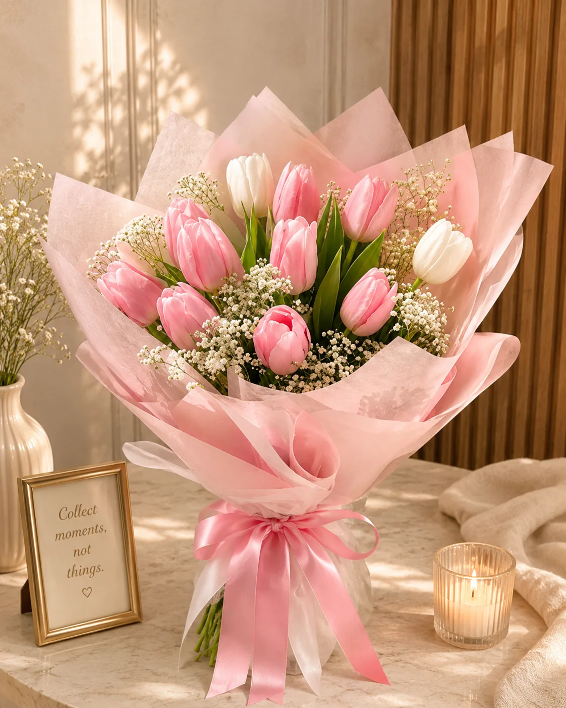 Premium Pink & White Tulip Bouquet with Baby’s Breath