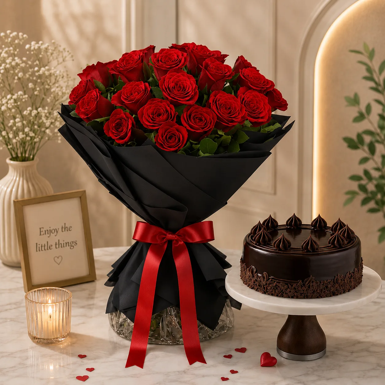 Premium Red Rose Bouquet with Chocolate Cake