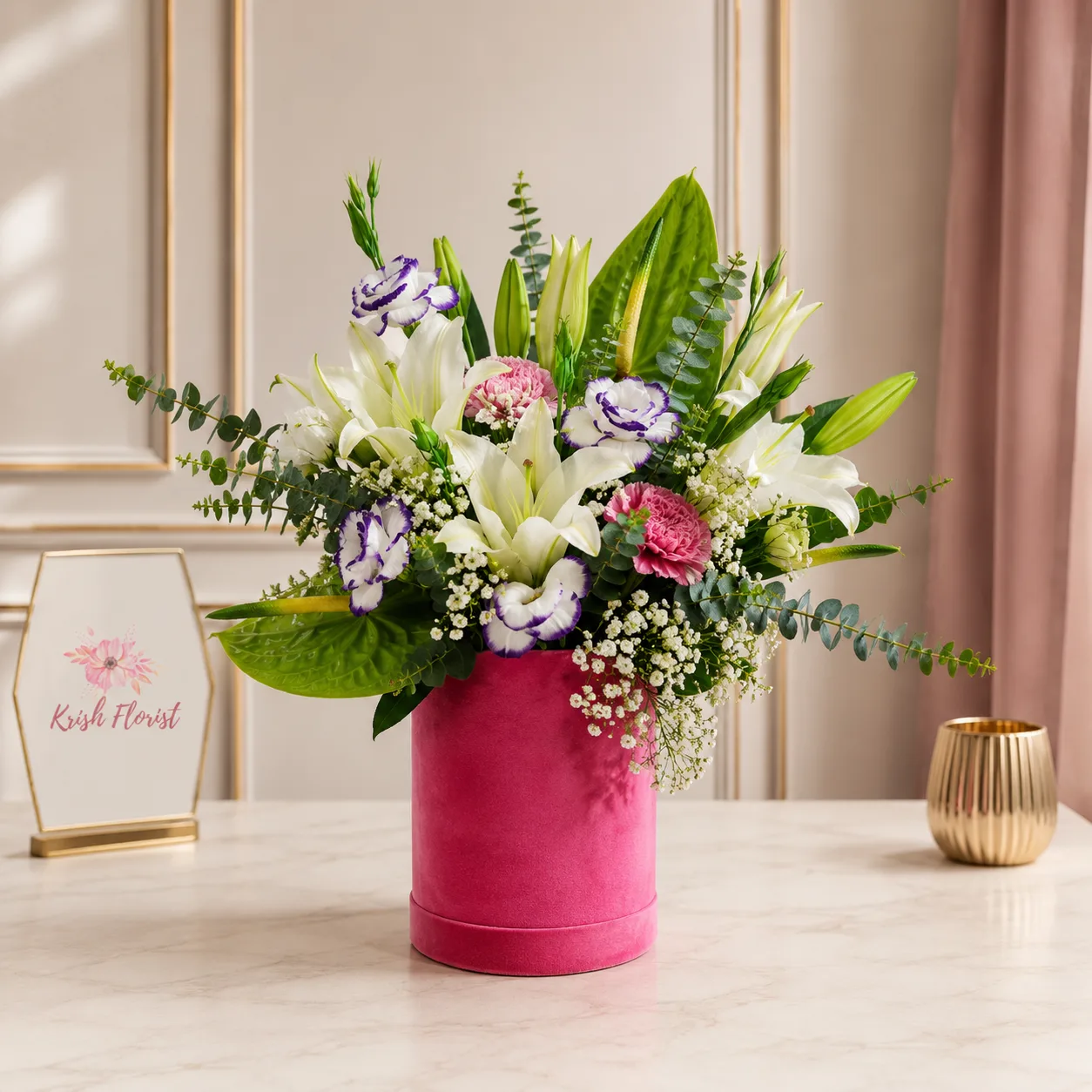 Premium White Lily & Pink Hatbox Arrangement