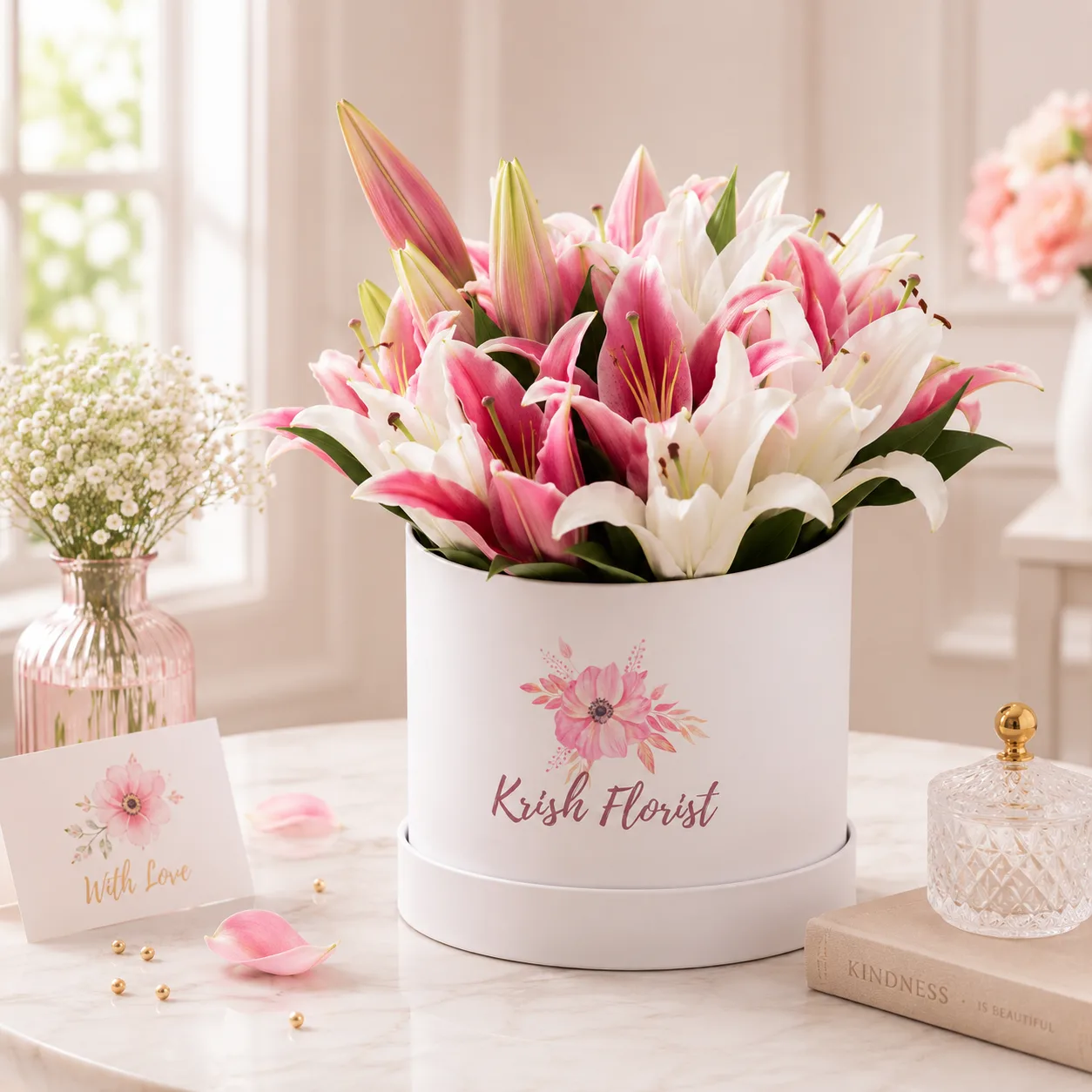 Premium Pink & White Lily Hatbox Arrangement