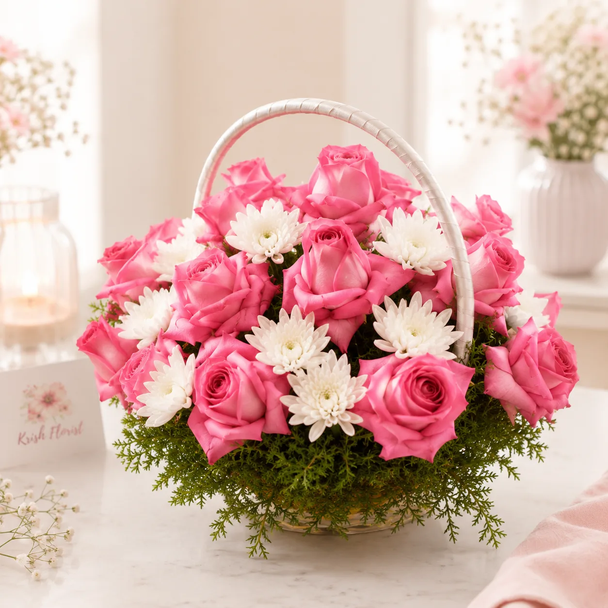 Premium Pink Rose & White Chrysanthemum Basket