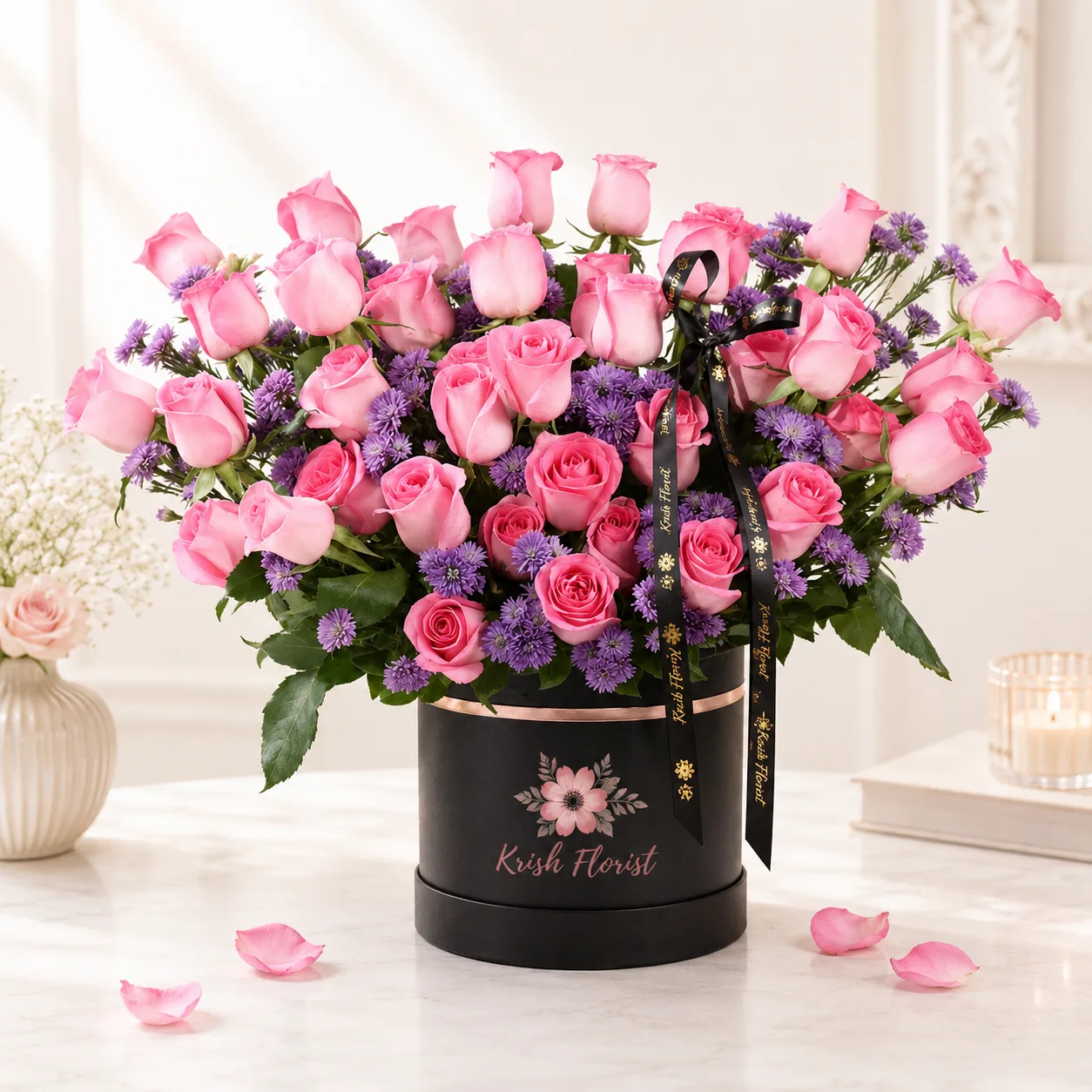 Premium Pink Rose & Purple Aster Flower Box