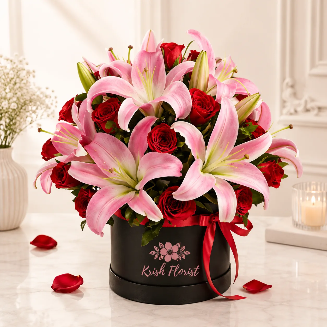 Premium Pink Lily & Red Rose Hatbox
