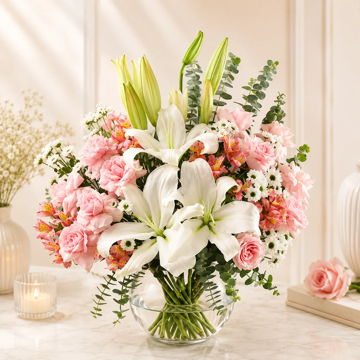 Premium White Lily & Pink Rose Vase Arrangement