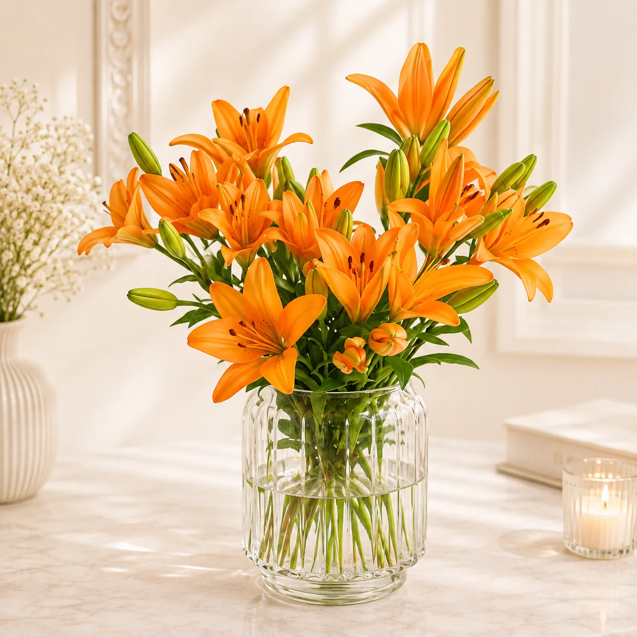Premium Orange Lily Bouquet in Glass Vase
