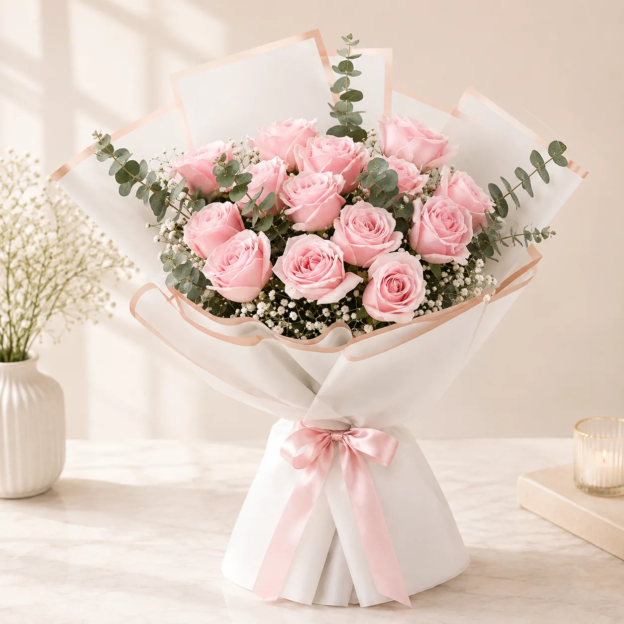 Premium Pink Rose & Baby’s Breath Bouquet