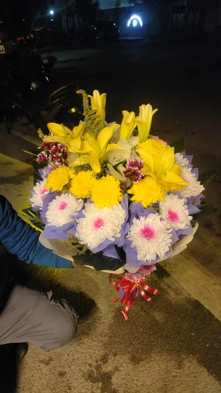 Radiant Yellow Lily & Chrysanthemum Hand Bouquet