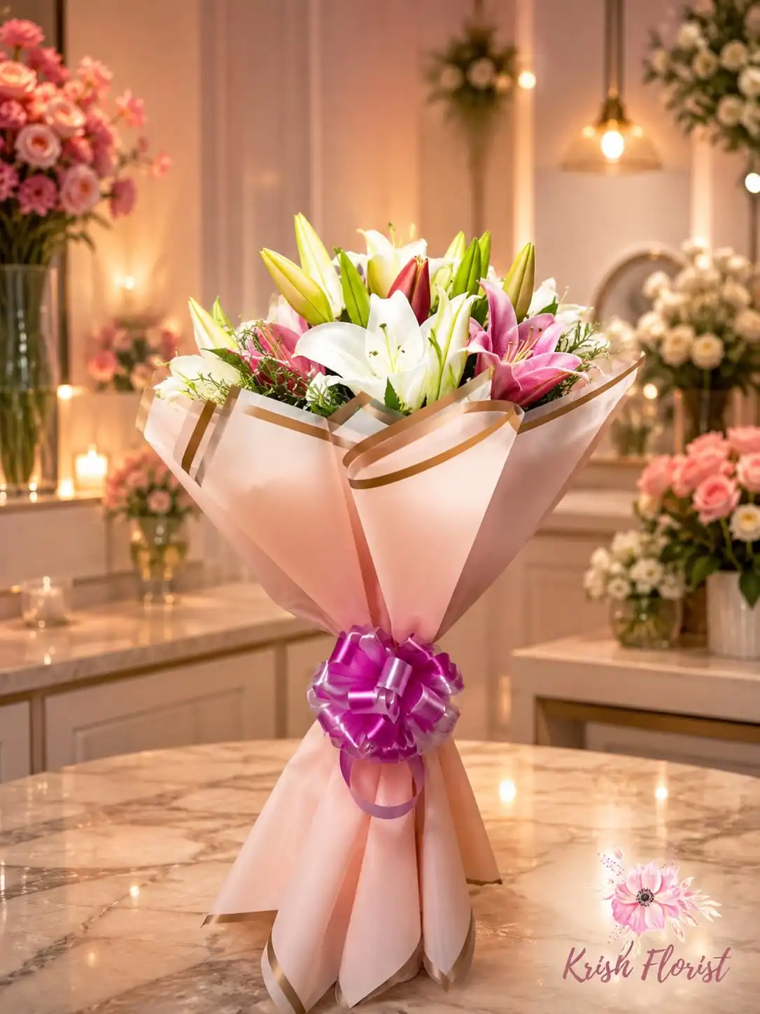 White Lily & Red Rose Floral Arrangement  A luxurious floral arrangement featuring elegant white lilies, vibrant red roses, yellow chrysanthemums, and fresh greenery. Expertly designed for corporate gifting, grand openings, condolences, anniversaries, and special occasions. Handcrafted by Krish Florist with premium fresh flowers and same-day flower delivery across Delhi NCR. 🌸🌹