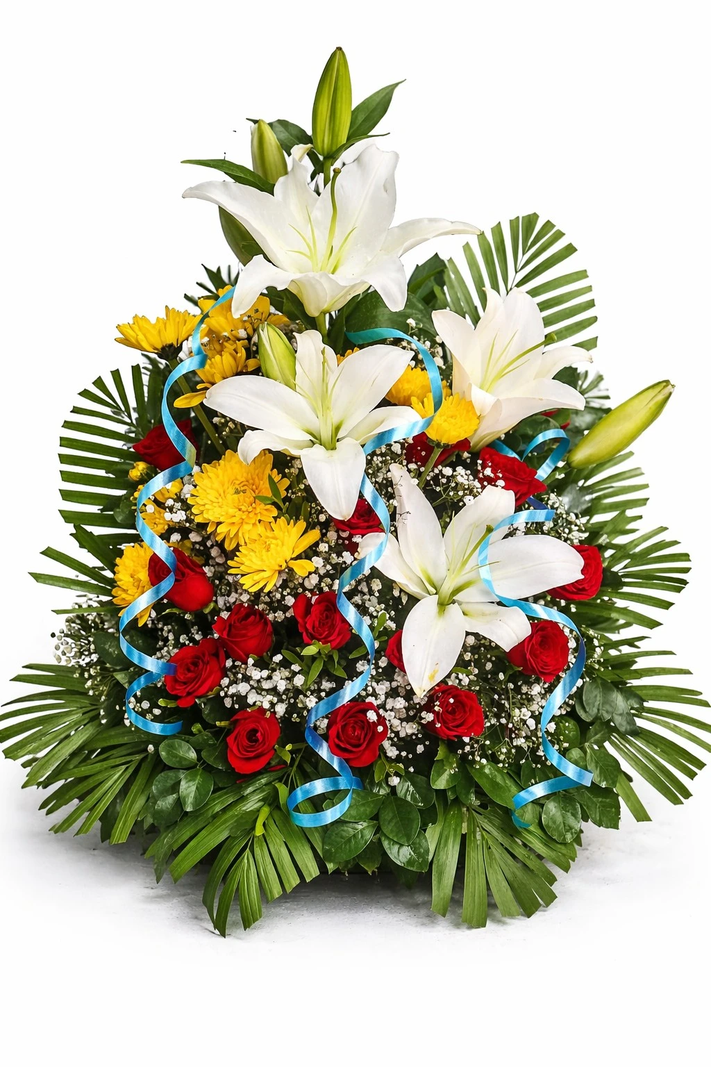 White Lily & Red Rose Floral Arrangement  A luxurious floral arrangement featuring elegant white lilies, vibrant red roses, yellow chrysanthemums, and fresh greenery. Expertly designed for corporate gifting, grand openings, condolences, anniversaries, and special occasions. Handcrafted by Krish Florist with premium fresh flowers and same-day flower delivery across Delhi NCR. 🌸🌹